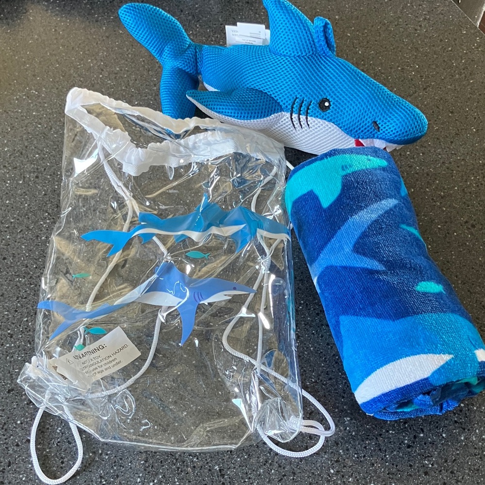 Blue Shark Plush and Towel Set comes with bag. New.